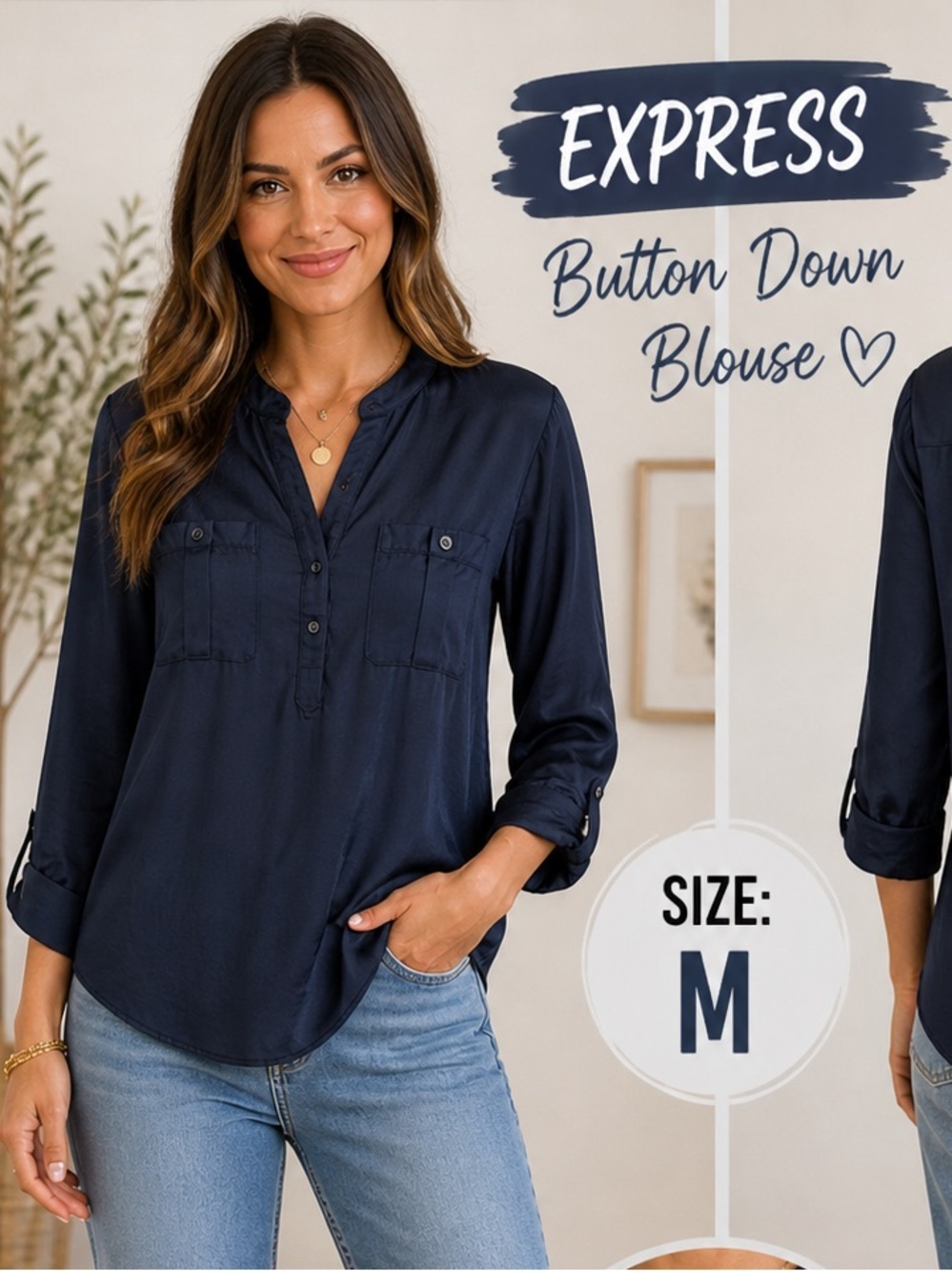 Express Navy Blue Garment quarter button down with cuff links MEDIUM